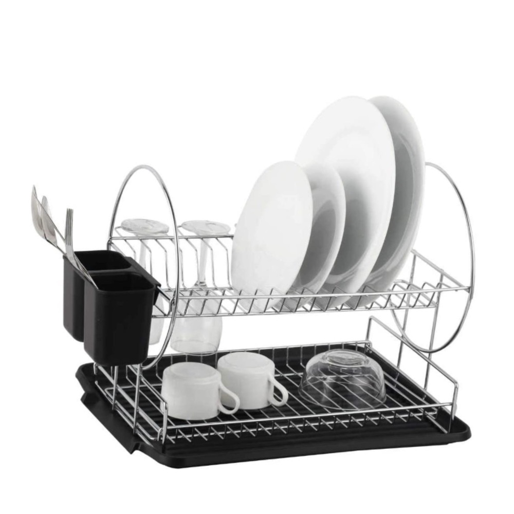 Deluxe Chrome-plated Steel 2-Tier Dish Rack with Drainboard/Cutlery Cup- home